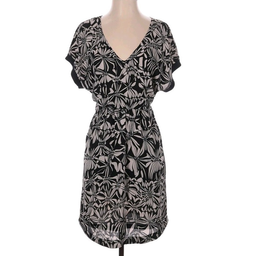 Anthropologie 9-H15 STCL XS Floral Dress Black Beige V Neck Tie Back Pockets - Picture 2 of 14